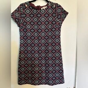 Loft Womens Jacquard Shift Dress Burgundy Navy Cream Short Sleeve Mini Size 4